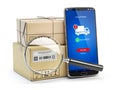 Smartphone with cardboard boxes and loupe isolated on white background. Logistics, delivery and online order tracking concept