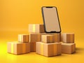 Smartphone with cardboard boxes on a yellow background. 3d rendering Royalty Free Stock Photo