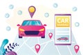 Smartphone with carsharing application. Navigation map and modern vehicle. Online rental or sharing service. Internet technology