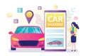 Smartphone with carsharing application. Woman agent or clerk and modern vehicle. Online rental or sharing service