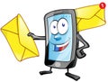 Smartphone cartoon character with envelope.