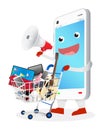 Smartphone cartoon with megaphone and shopping cart