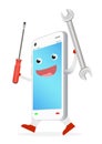 Smartphone cartoon with repair tool in hand