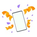 Smartphone celebrating success with confetti exploding around