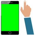 Smartphone or cellphone or mobile green screen and businessman hand isolated. Set ready for be animated