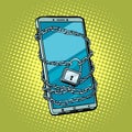 Smartphone chain lock. Locked gadget. Protected technologies