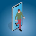 Person stepping out of smartphone screen. Modern lifestyle, cyberspace, augmented reality, virtual reality, digital detox.