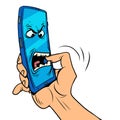 The smartphone character bites his hand. Dangerous mobile phones, information security and online addiction