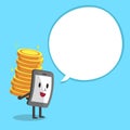 Smartphone character carrying big money stack with white speech bubble Royalty Free Stock Photo