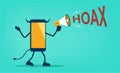 Smartphone character shouting using megaphone with hoax text concept. Hoax fake news or messages flat vector illustration