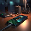 Smartphone charging with a charger on a wooden table. 3d rendering Royalty Free Stock Photo