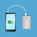 Smartphone charging with Power Bank via USB cable. Portable charger device and phone. Vector. Royalty Free Stock Photo
