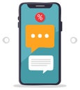 Smartphone with chat bubbles and percentage notification for mobile messaging or discount offer Royalty Free Stock Photo