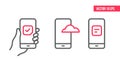 Smartphone with check mark on screen, cloud hosting icon, checklist clipboard icon. line icons. hand holding a mobile