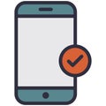 Smartphone check with tick mark flat vector icon