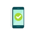 Smartphone with checkmark on display vector illustration, flat cartoon of mobile phone with green tick isolated on white