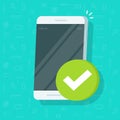 Smartphone checkmark vector icon, flat cartoon mobile phone approved tick notification, idea of successful update check