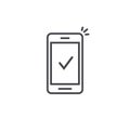 Smartphone and checkmark vector icon, line outline art mobile phone approved tick notification, successful update check Royalty Free Stock Photo