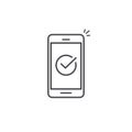 Smartphone and checkmark vector illustration, line outline mobile phone approved tick notification, idea of successful Royalty Free Stock Photo