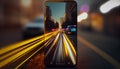 smartphone with city traffic speeding through blurred night motion ,generative AI