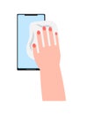 Smartphone cleaning icon vector. Hand is wiping screen of phone. Antibacterial wet wipe is helping to prevention virus spreading Royalty Free Stock Photo