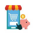 Smartphone click piggy bank online shopping