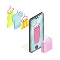 Smartphone and Clothing on Hangers as Shopping and Retail Industry Isometric Vector Illustration