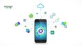 A smartphone with a cloud computing infographic on its screen surrounded by various icons Royalty Free Stock Photo