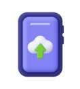 Smartphone with cloud and green upload arrow on purple screen. Data upload, cloud storage, synchronization, online backup Royalty Free Stock Photo