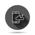 Smartphone with cloud icon in flat style. Phone network storage vector illustration on black round background with long shadow Royalty Free Stock Photo