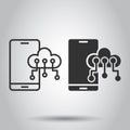 Smartphone with cloud icon in flat style. Phone network storage vector illustration on white isolated background. Online backup Royalty Free Stock Photo