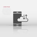 Smartphone with cloud icon in flat style. Phone network storage vector illustration on white isolated background. Online backup Royalty Free Stock Photo