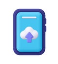Smartphone with cloud and purple upload arrow on blue screen. Data upload, cloud storage, synchronization, online backup and cloud Royalty Free Stock Photo