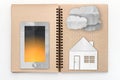 Smartphone with cloudy rain and house on sketch book Royalty Free Stock Photo