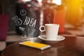 Smartphone with coffee and communication flat icons. Technology Royalty Free Stock Photo