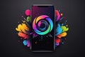 Smartphone with colorful abstract design on black background