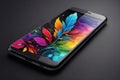 Smartphone with colorful leaves on black background