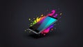 Smartphone with colorful splashes on black background