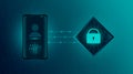 Smartphone communication with shield icon cyber security to secure communication or data transmission. Security and protection con