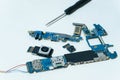 Smartphone component parts,camera chip and printed circuit motherboard,tech