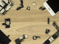 Smartphone components on wooden background Royalty Free Stock Photo