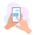 Female hand holding cell phone and chatting. Email, contacts, text message, network, navigation icons. Flat design vector