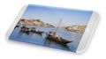 Smartphone concept with 3D render of a typical portuguese boats used in the past to transport the famous port wine Portugal