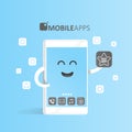 Smartphone concept of online app market, purchase, presentation and selection of applications. Cute Cartoon character phone with