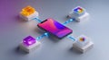 A smartphone connected to four digital data blocks via glowing cables, symbolizing data exchange and cloud technology on a sleek Royalty Free Stock Photo