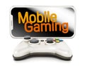Smartphone, controller and mobile gaming text isolated on white background. 3D illustration Royalty Free Stock Photo