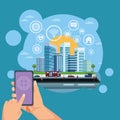 smartphone controlling smartcity Royalty Free Stock Photo