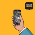 Smartphone with a cracked screen in a mans hand. Broken phone. Crack on screen. Vector illustration. Pop art style. Royalty Free Stock Photo