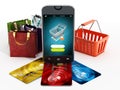 Smartphone, credit cards, shopping bags and basket Royalty Free Stock Photo