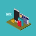 Smartphone with credit cards and shopping bags and coins over green floor colorful poster isometric shop online